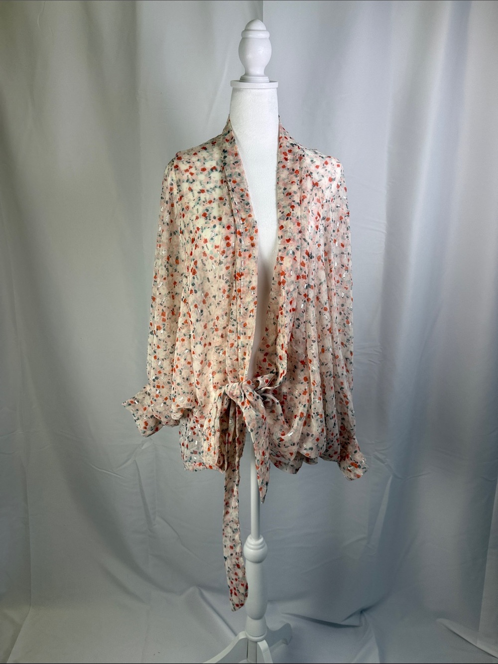 Sheer Floral Tie-Front Kimono Jacket in Cream with Coral & Green